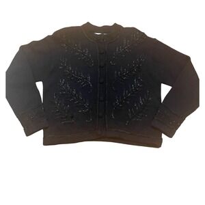 Vintage Cardigan Sweater Size Large Black Beaded Embellished Cotton Ramie EUC